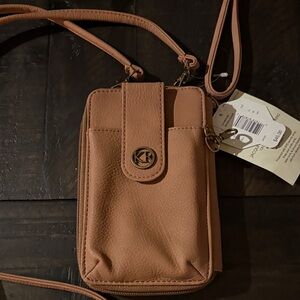 Kim Rogers small Tan Crossbody Bag/Wristlet RFID security lining NWT